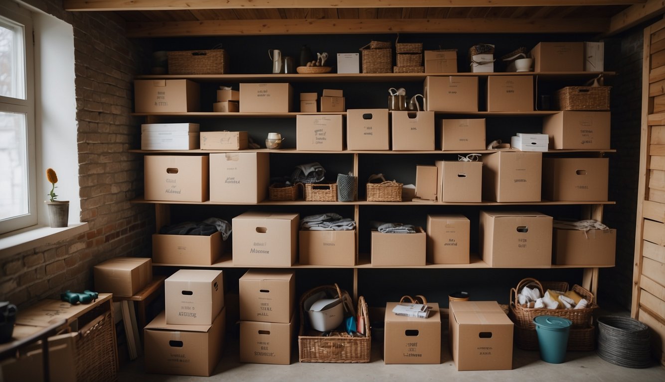 A cluttered attic transformed into an organized storage space for seasonal decorations. Boxes neatly labeled and stacked on shelves, utilizing every inch of available space