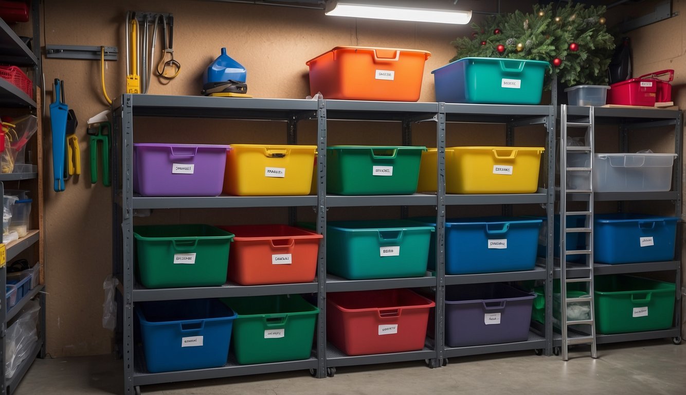 Colorful storage bins neatly organized in a garage. Labels on each bin indicate seasonal decorations. Shelves and hooks hold wreaths and lights. A ladder nearby provides easy access