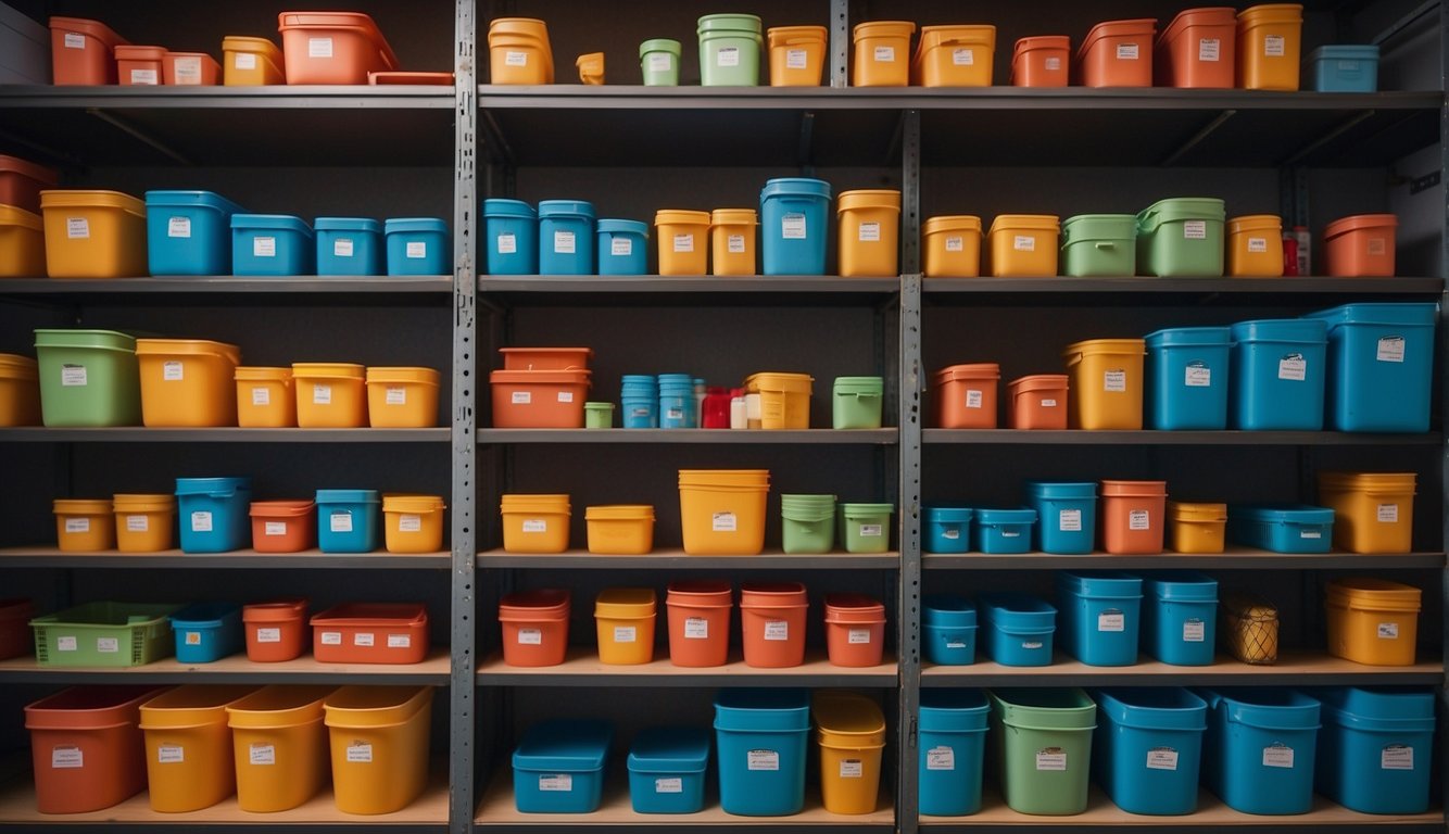 Colorful storage containers neatly organized on shelves, labeled for seasonal decorations. Some are stackable, others have compartments for delicate items