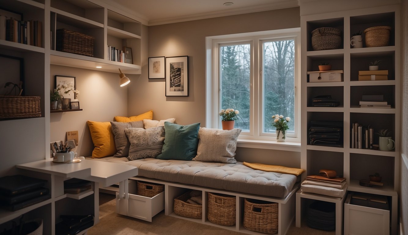 A cozy nook in a home, transformed into a functional space with clever storage solutions. Shelves, cabinets, and hooks maximize the use of the awkward area