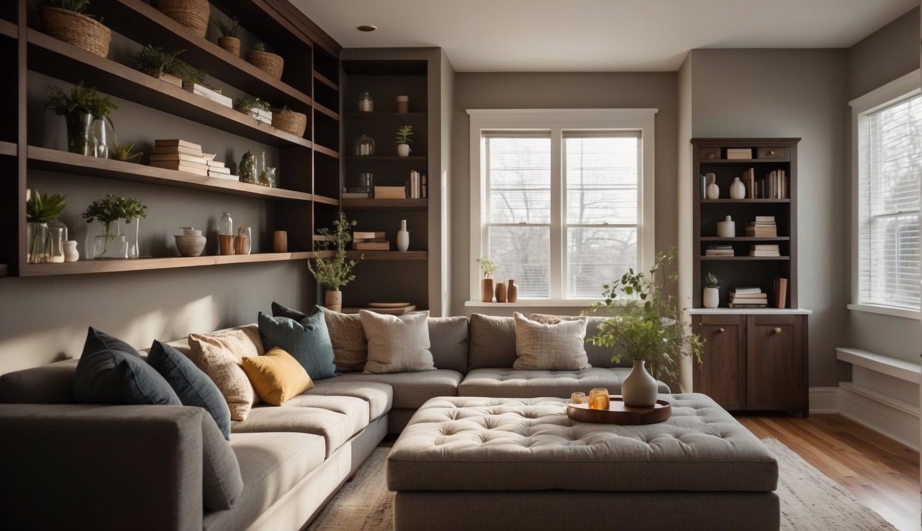 A cozy living room with a built-in window seat, a hidden storage ottoman, a wall-mounted shelving unit, and a multi-functional coffee table with drawers
