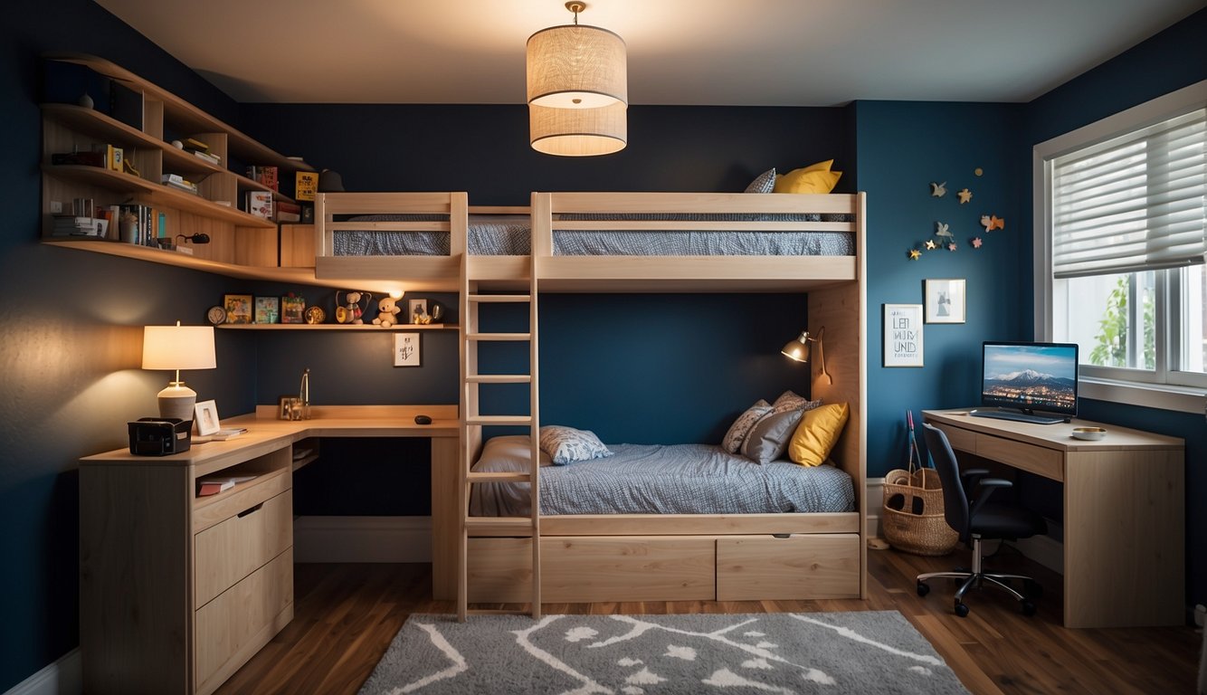 A child's room with bunk beds, pull-out desks, and hidden storage, creating a spacious and organized environment for play and study
