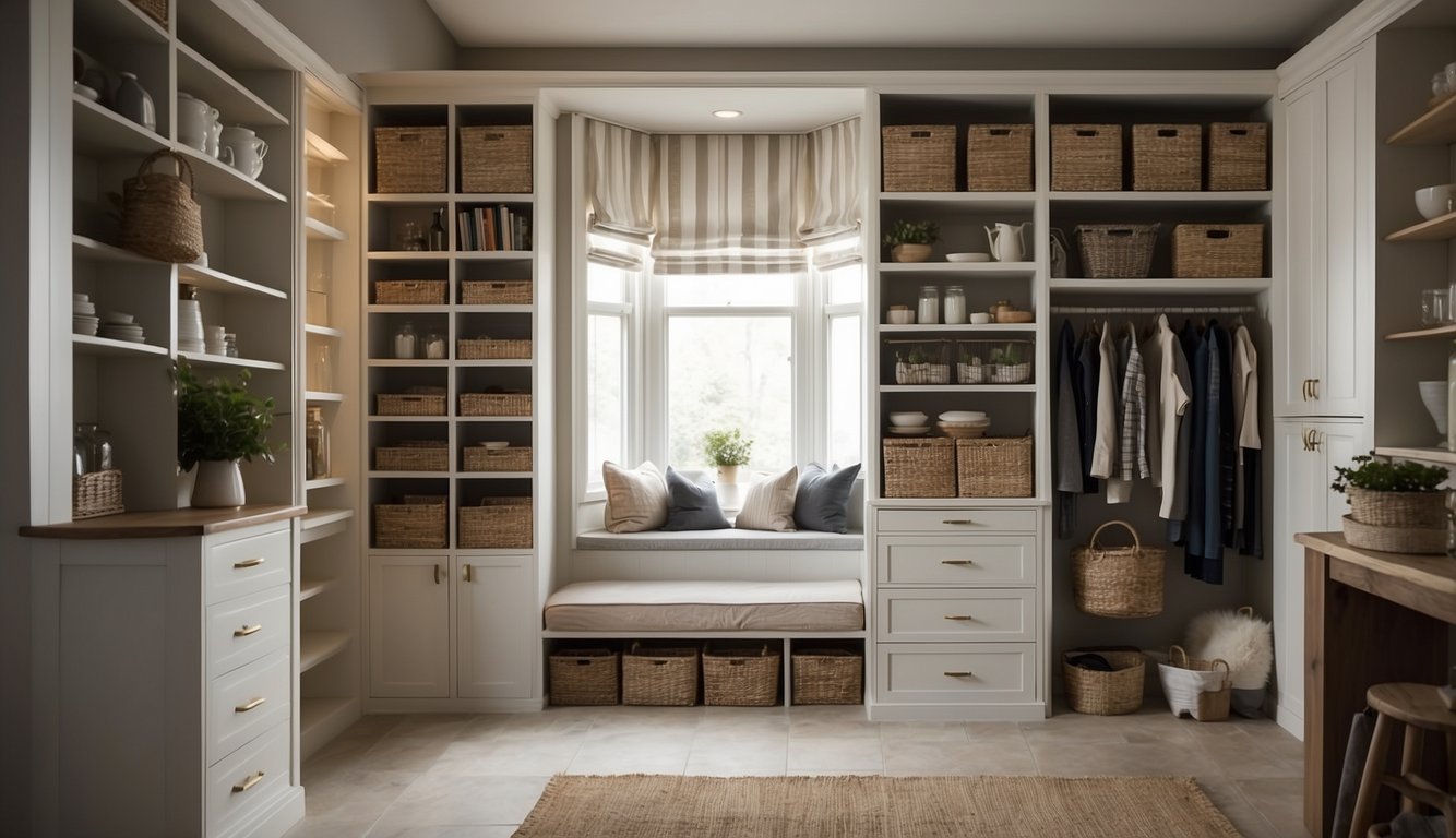 A small room with built-in shelves and drawers fitting into awkward nooks. A hanging organizer maximizes vertical space. A pull-out pantry utilizes narrow spaces. A hidden storage bench conceals clutter