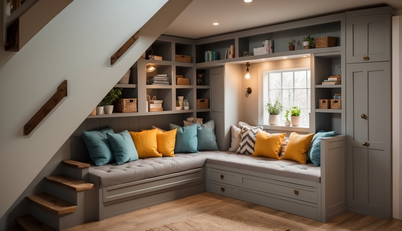 A cozy nook with built-in shelves and hidden compartments. A corner bench with lift-up seats for extra storage. Wall-mounted hooks for hanging items. Under-stair drawers for organizing