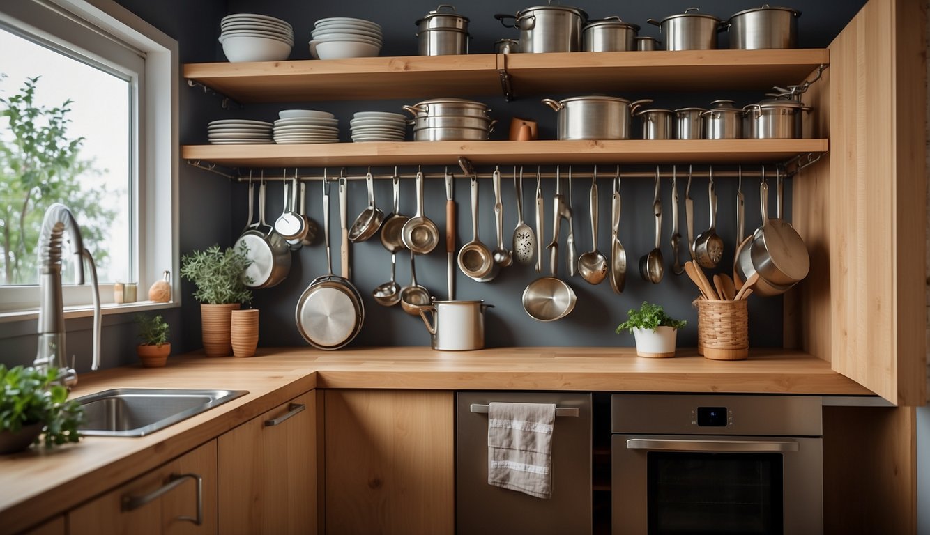 A small kitchen with clever storage solutions: hanging pot rack, magnetic knife strip, pull-out pantry, under-cabinet hooks, vertical shelving, and sliding drawer organizers