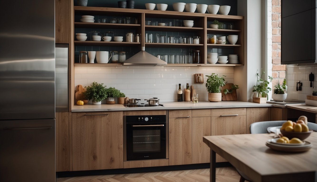 A kitchen with smartly organized cabinets, utilizing pull-out shelves, vertical dividers, and under-cabinet storage for a compact urban space