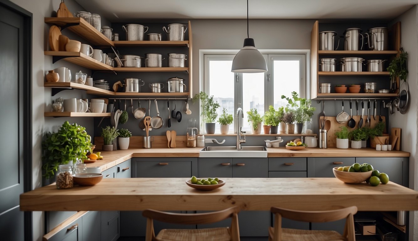 A small urban kitchen with creative storage solutions: hanging pots and pans, magnetic knife strip, sliding pantry shelves, under-cabinet hooks, and foldable wall-mounted table