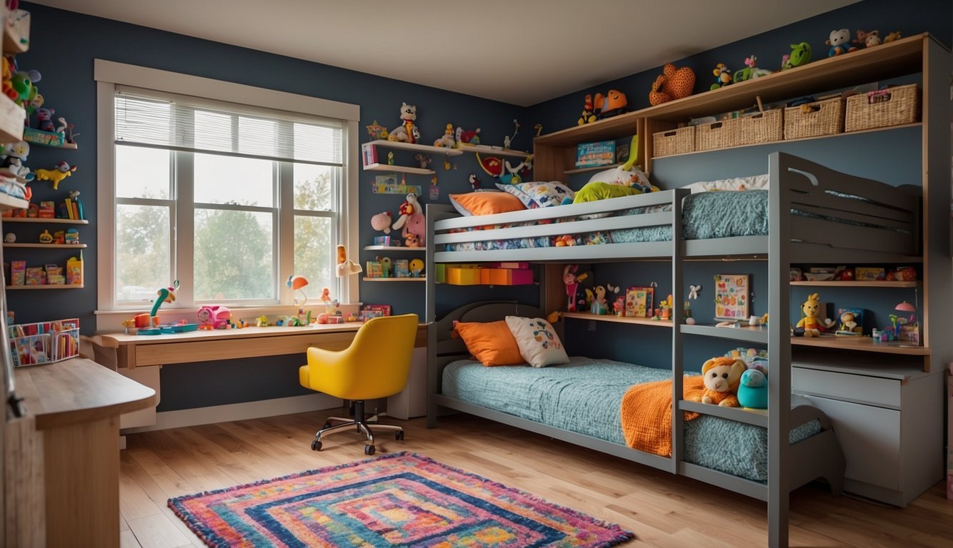 A small kids' room with bunk beds, wall-mounted shelves, and a fold-down desk. Toys are neatly organized in storage bins under the beds. A colorful rug and vibrant wall decals add a playful touch