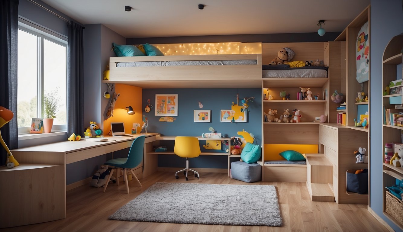 A vibrant kids' room with a loft bed, slide, and built-in play areas. Storage solutions and a cozy reading nook complete the space