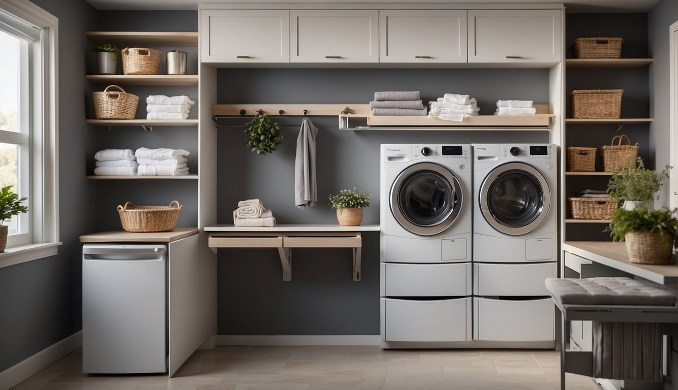 A laundry room with wall-mounted shelves, pull-out drawers, and a fold-down ironing board. A hanging rod for air-drying clothes and a stackable washer/dryer unit optimize space