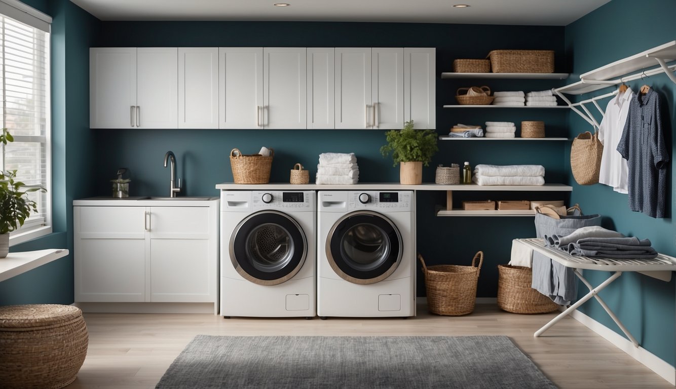 A laundry room with efficient storage, fold-down ironing board, and hanging racks. Bright, clean, and organized space with modern appliances
