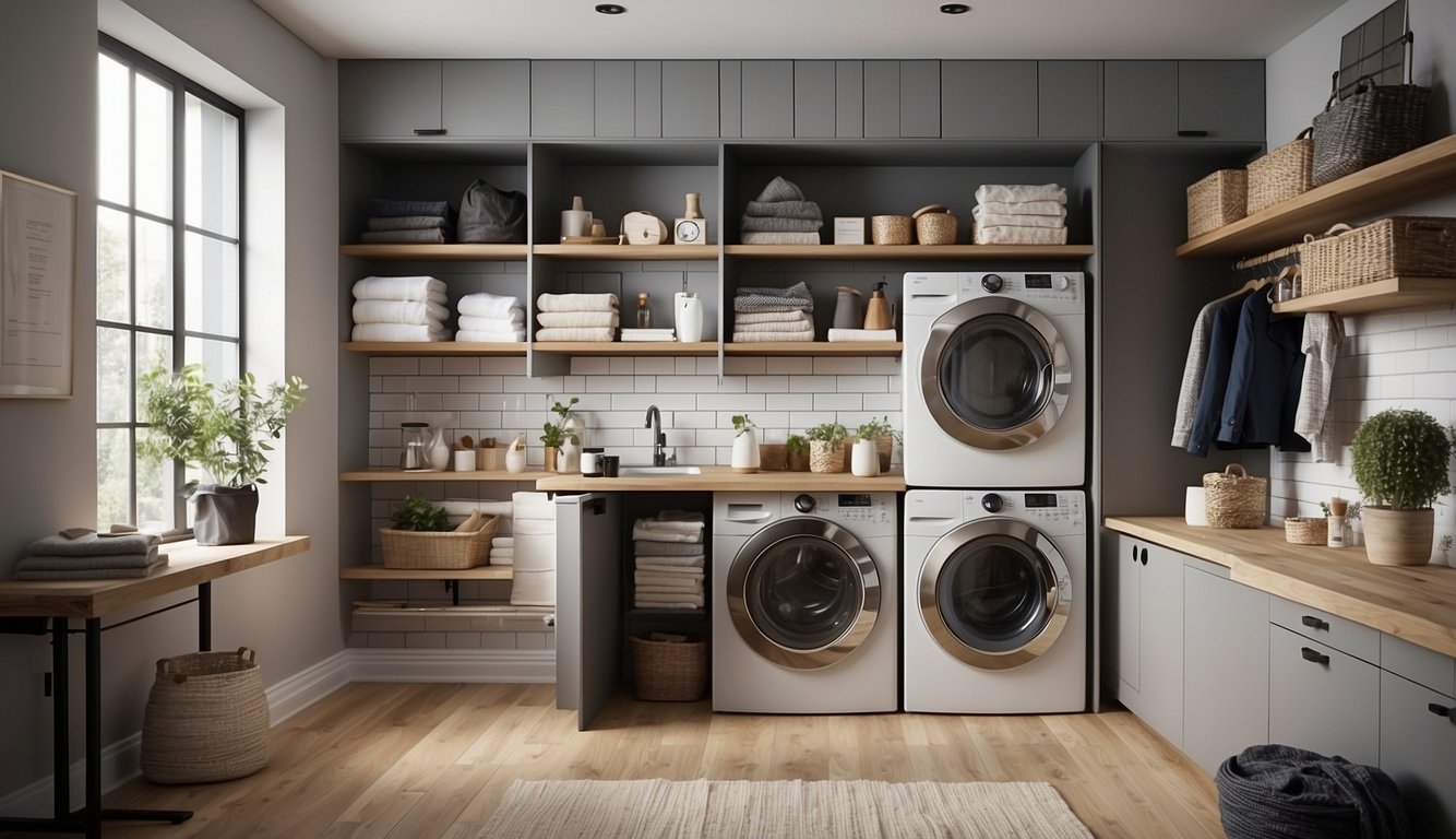 A compact laundry room with clever storage solutions: wall-mounted shelves, hanging racks, and foldable organizers maximize space