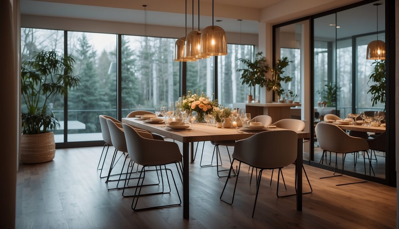 A cozy dining area with clever space-saving solutions, illuminated by natural light and enhanced by strategic placement of mirrors and reflective surfaces
