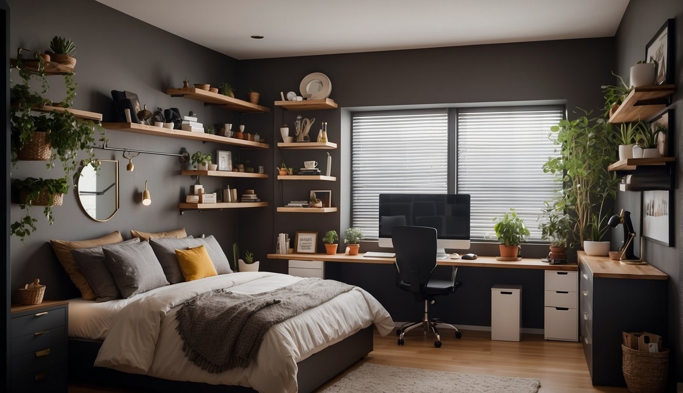 A studio apartment with smart accessories neatly arranged to maximize space. Shelves, hooks, and organizers efficiently utilized