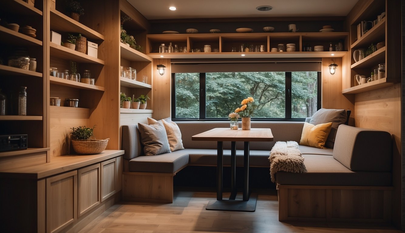 A cozy dining nook with a fold-down table and built-in bench seating, surrounded by shelves and storage solutions to maximize the use of small spaces