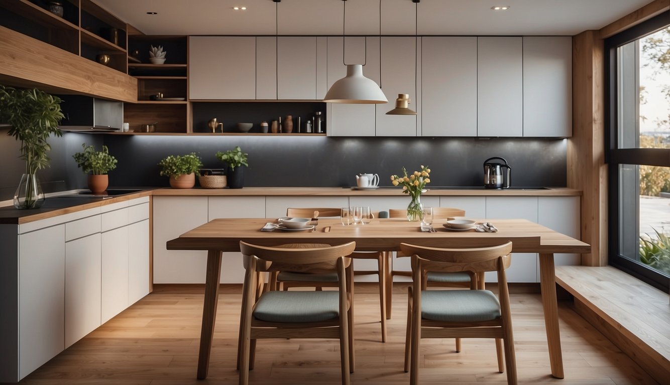 A dining table with foldable chairs, a wall-mounted drop-leaf table, and a built-in bench with storage underneath. Shelves and cabinets for storing dining essentials
