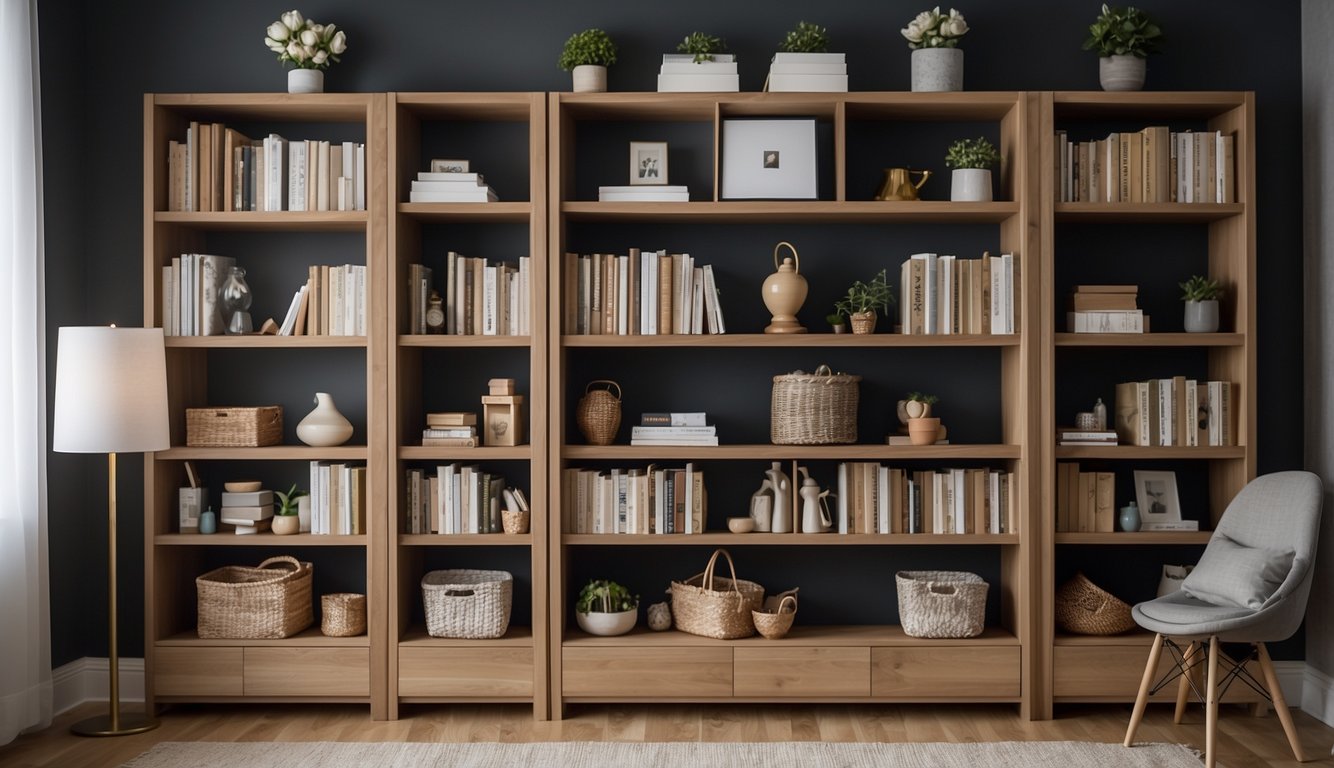A tall bookshelf against a wall, with decorative items and storage bins neatly organized to maximize vertical space in a guest room