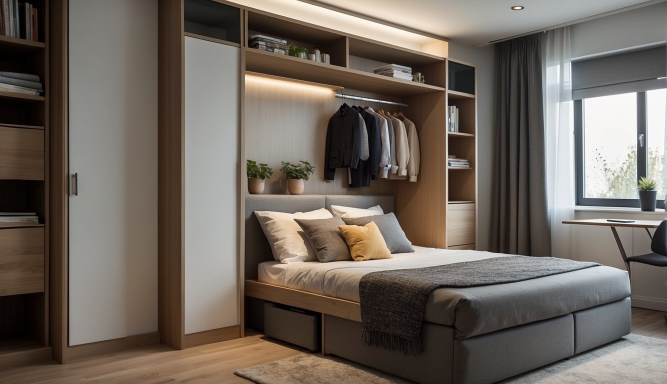 A guest room with a fold-out sofa bed, wall-mounted desk, and storage ottoman. A compact wardrobe and multipurpose furniture maximize space