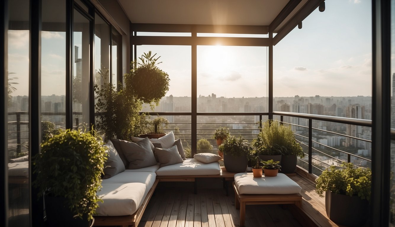 A cozy balcony with privacy screens, comfortable seating, and space-saving solutions like foldable furniture and hanging plants