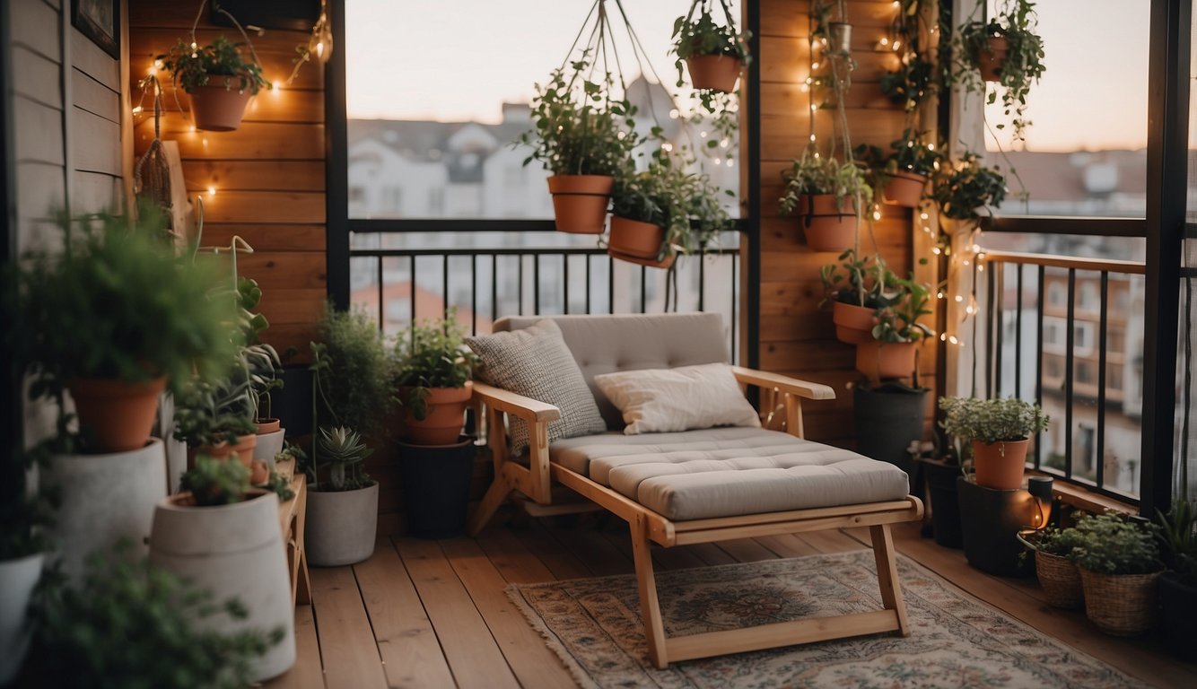 A small balcony with foldable furniture, hanging planters, and wall-mounted shelves for storage. A cozy rug and string lights create a welcoming atmosphere