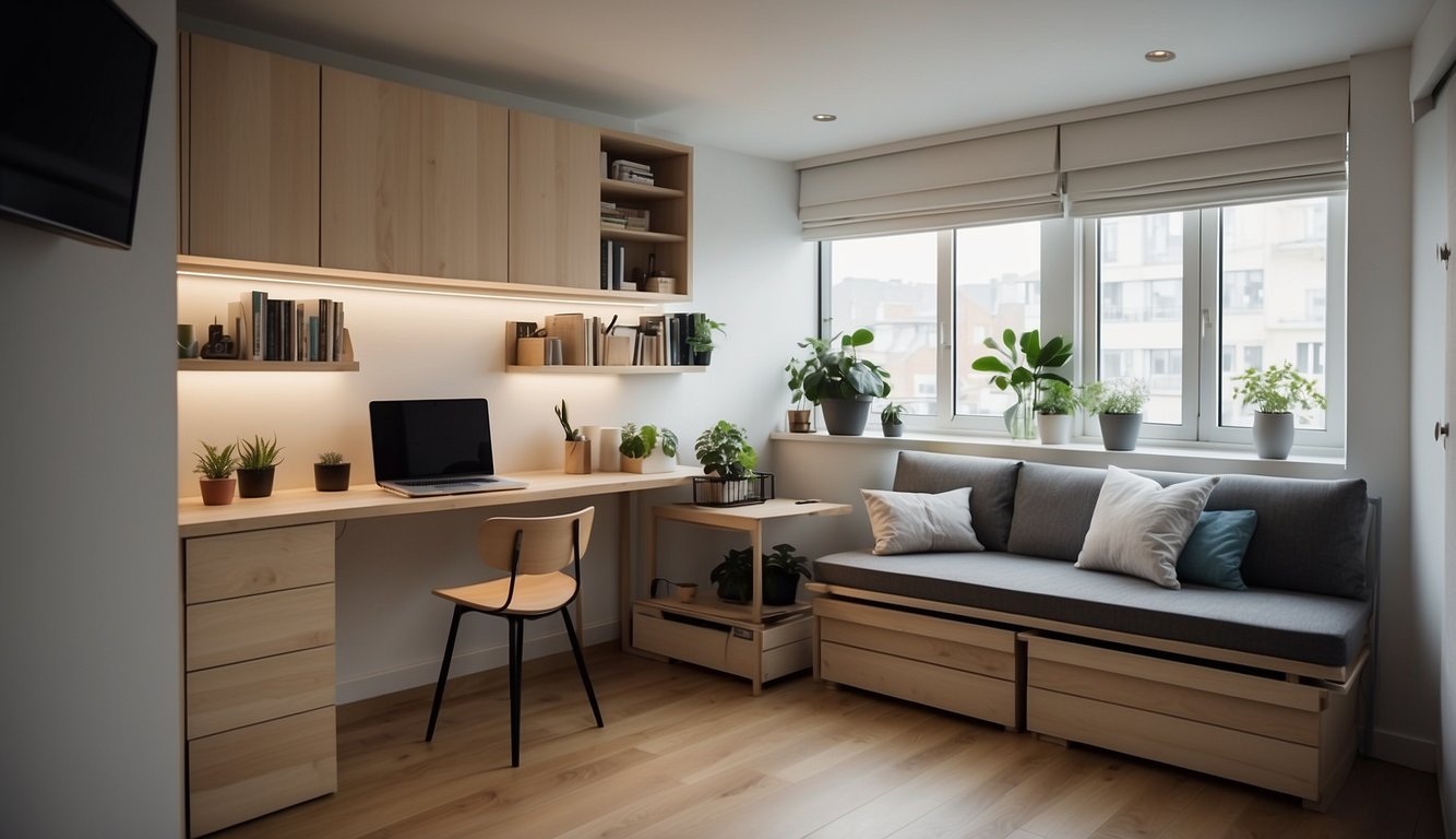 A small studio apartment with clever space-saving solutions like foldable furniture, wall-mounted shelves, and multi-functional decor. The room feels open and organized, with plenty of natural light streaming in