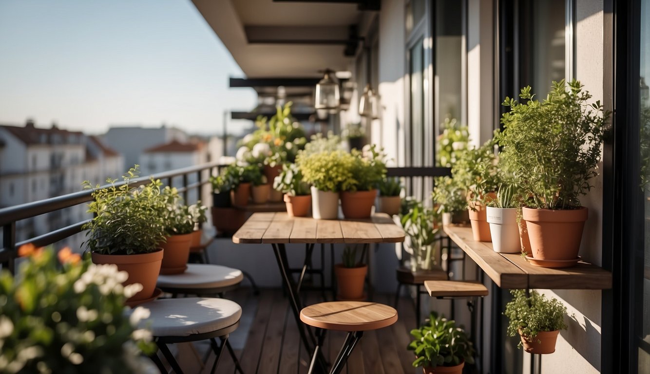 A small balcony with hanging planters, foldable furniture, and decorative lights. Space-saving accessories like a wall-mounted shelf and a compact table