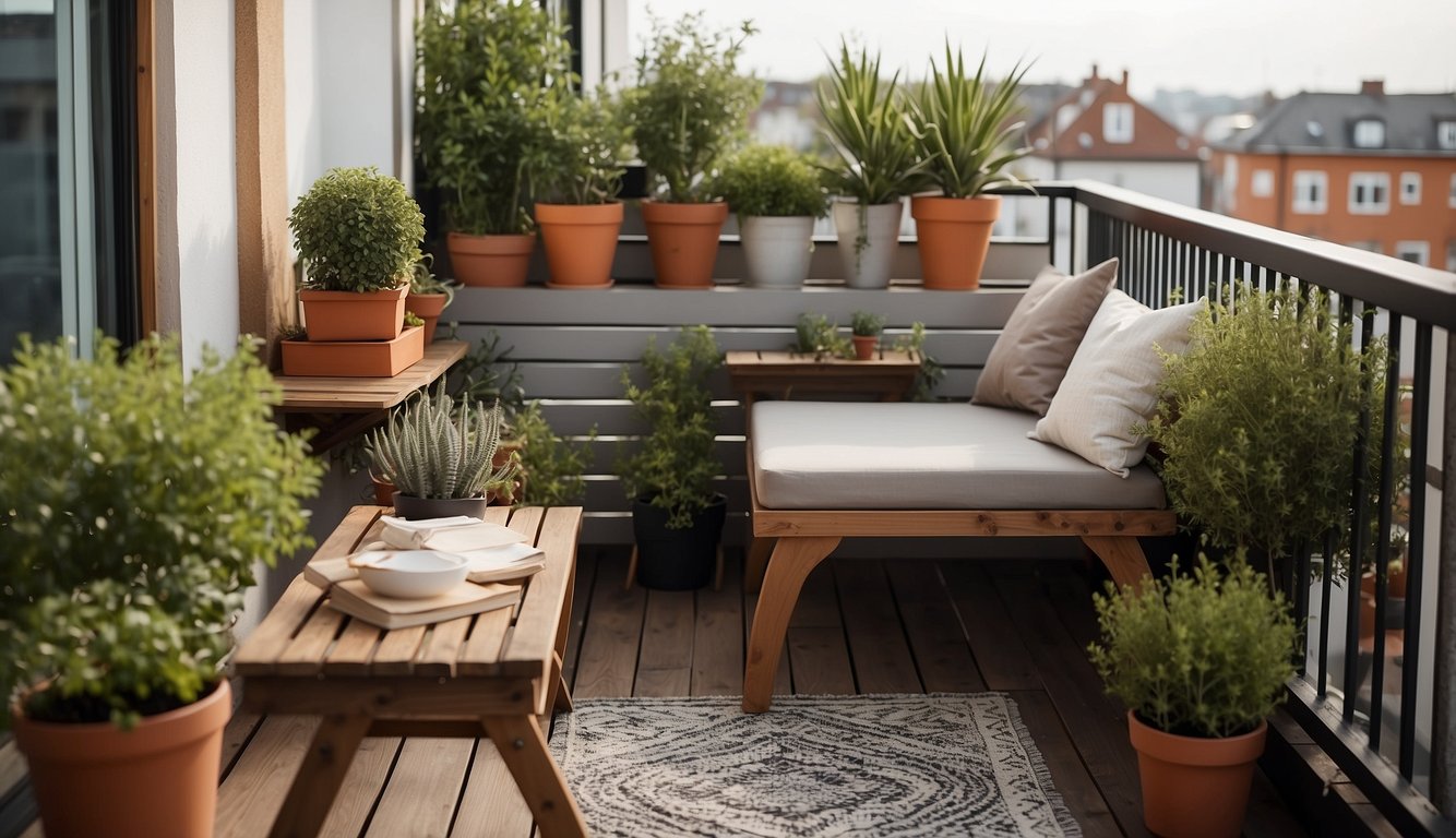 A small balcony with clever storage solutions: wall-mounted shelves, hanging planters, and foldable furniture. Space is maximized with a compact outdoor rug and a multi-functional storage bench