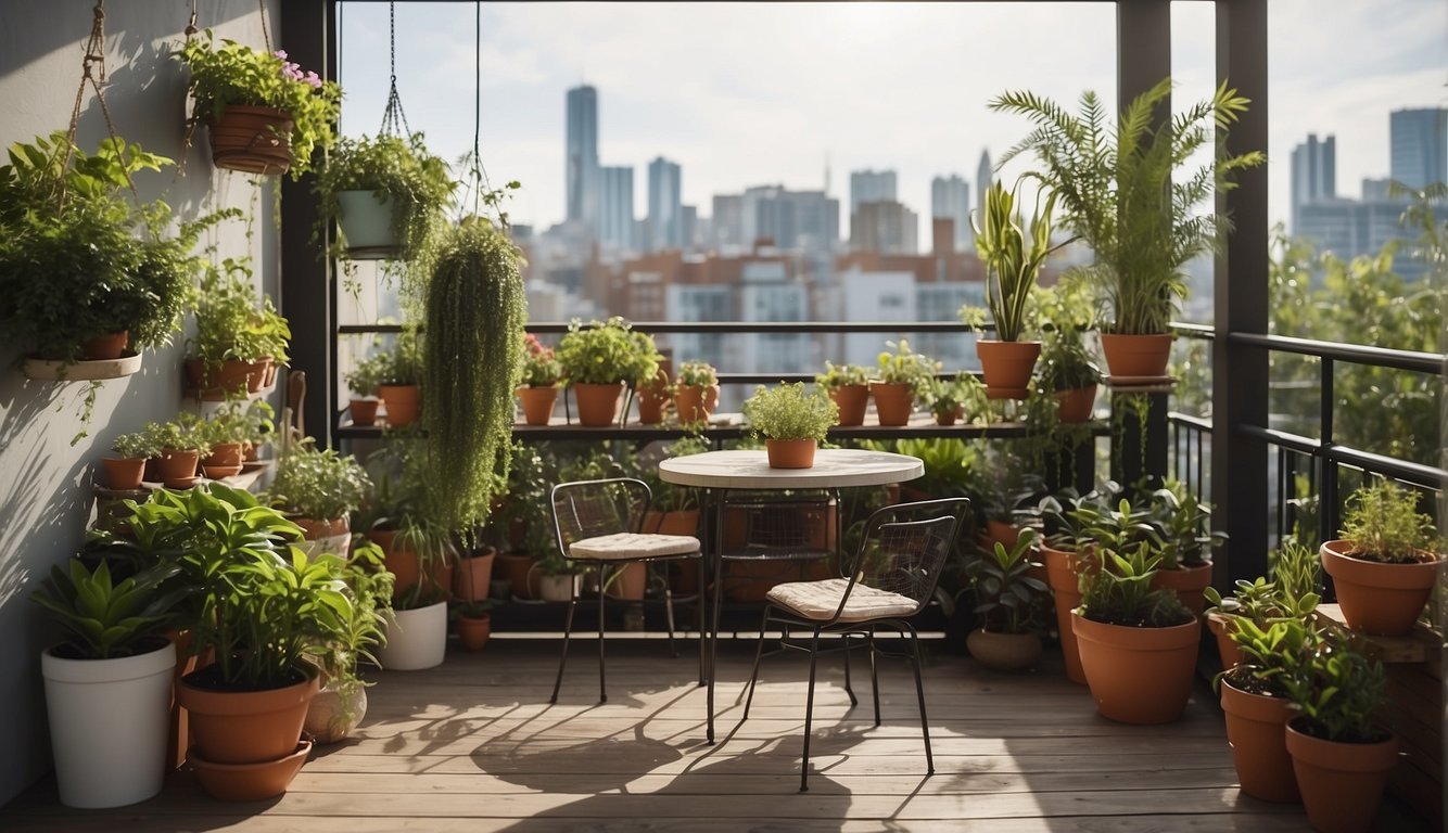 A balcony garden with hanging plants, potted flowers, and a small table with chairs. A vertical garden and shelves maximize space