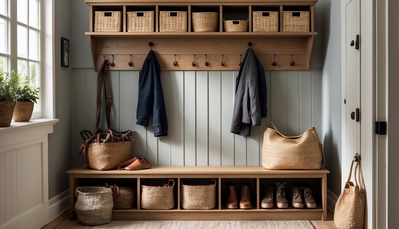 A mudroom with shelves, hooks, and baskets neatly organizing shoes, coats, and bags. A bench with built-in storage provides seating and additional organization