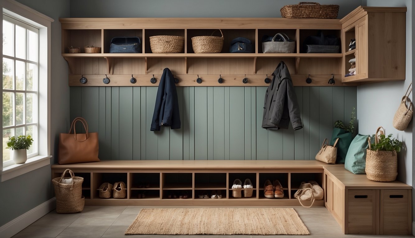 A mudroom with built-in storage shelves and hooks, neatly organizing shoes, coats, and bags. A bench provides seating and a place to put on or take off shoes