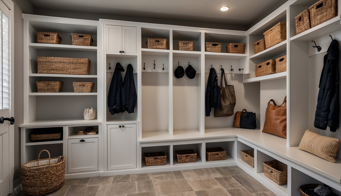 A mudroom with custom storage solutions and space-saving features, such as built-in shelves, hooks, and cubbies, creating a personalized and organized space