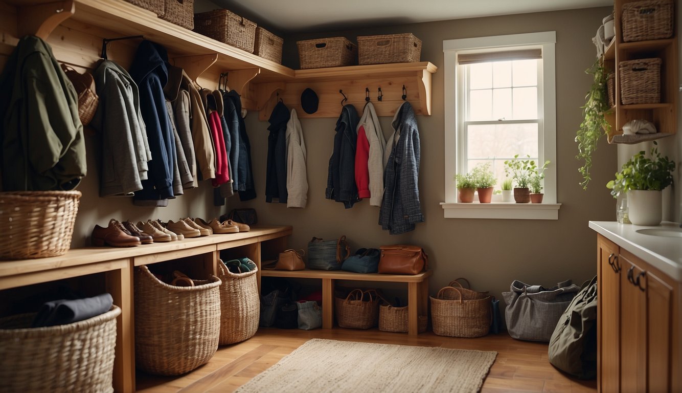 A cluttered mudroom transforms into an organized space with shelves, hooks, and baskets. Coats hang neatly, shoes are tucked away, and the room feels spacious