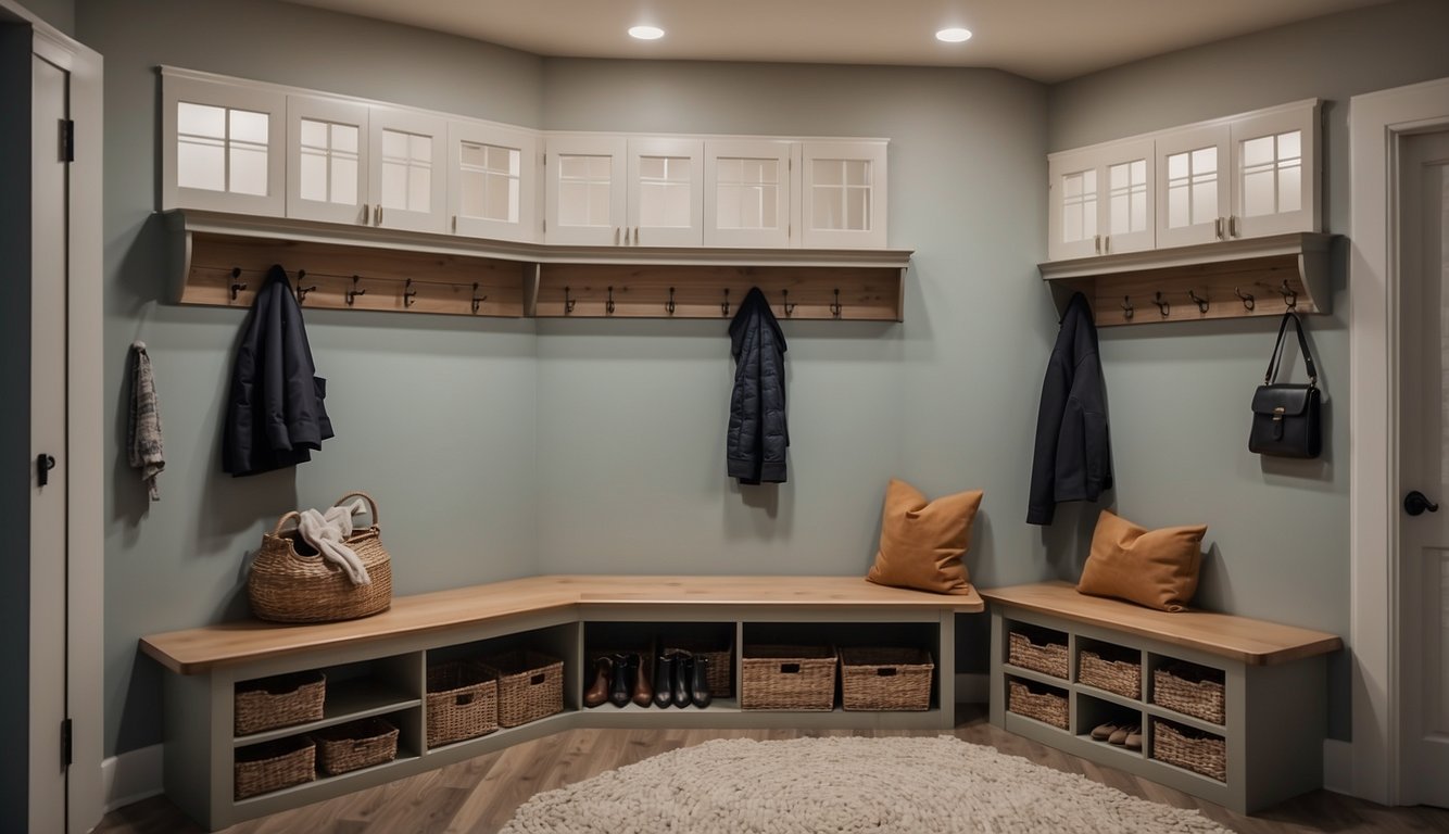 A mudroom with hooks for coats, shelves for shoes, and baskets for storage. A bench for seating and a mirror for quick checks