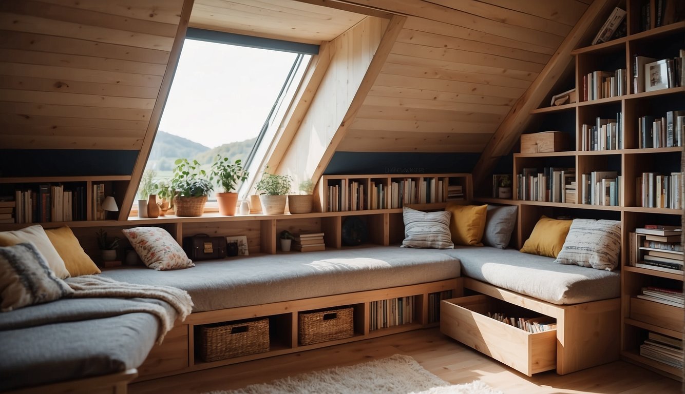 An attic with clever storage solutions: shelves, hanging racks, and under-eaves drawers. A cozy reading nook with a window seat and built-in bookshelves