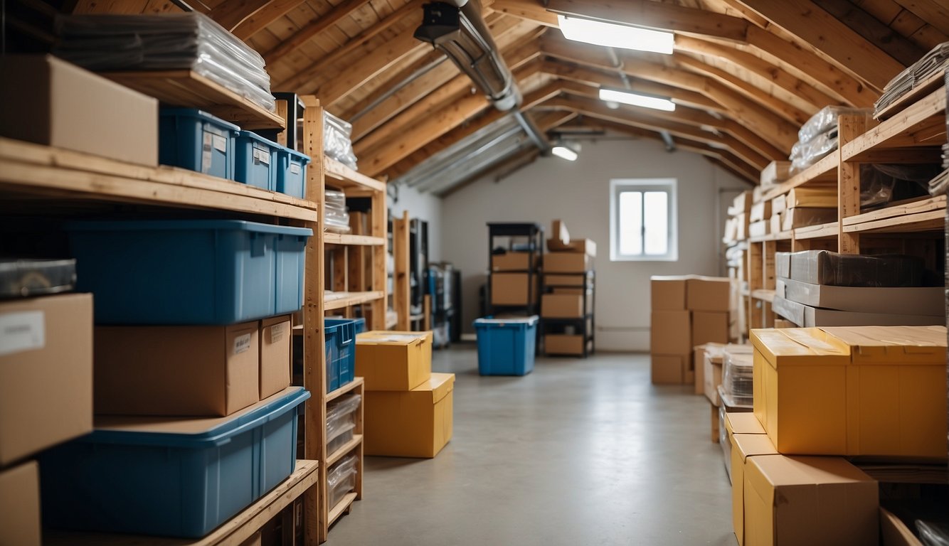 The attic is organized with space-saving solutions. Boxes and bins are neatly stacked, while shelves and hooks maximize the use of vertical space