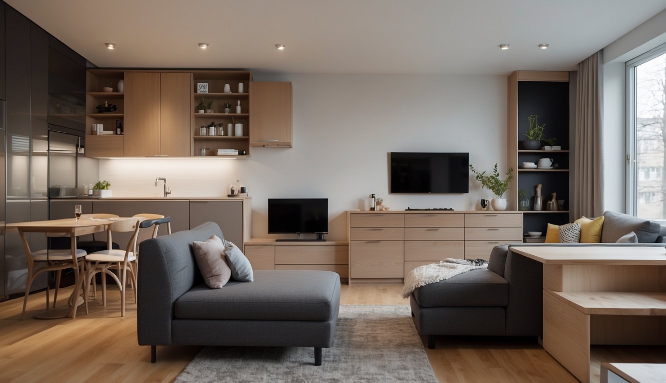 A studio apartment with smartly arranged furniture, including a convertible sofa bed, wall-mounted shelves, and a foldable dining table