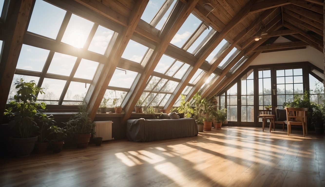 The attic is brightly lit with natural light streaming in through large windows. A series of strategically placed vents ensure optimal air circulation