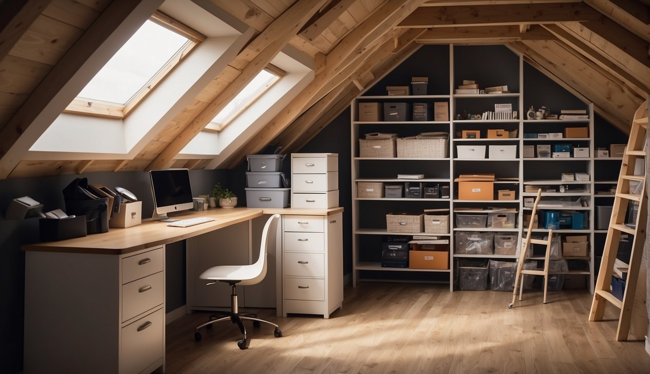 An attic with labeled storage bins, hanging shelves, and a fold-down ladder for easy access. A compact desk and chair tucked into a corner for workspace