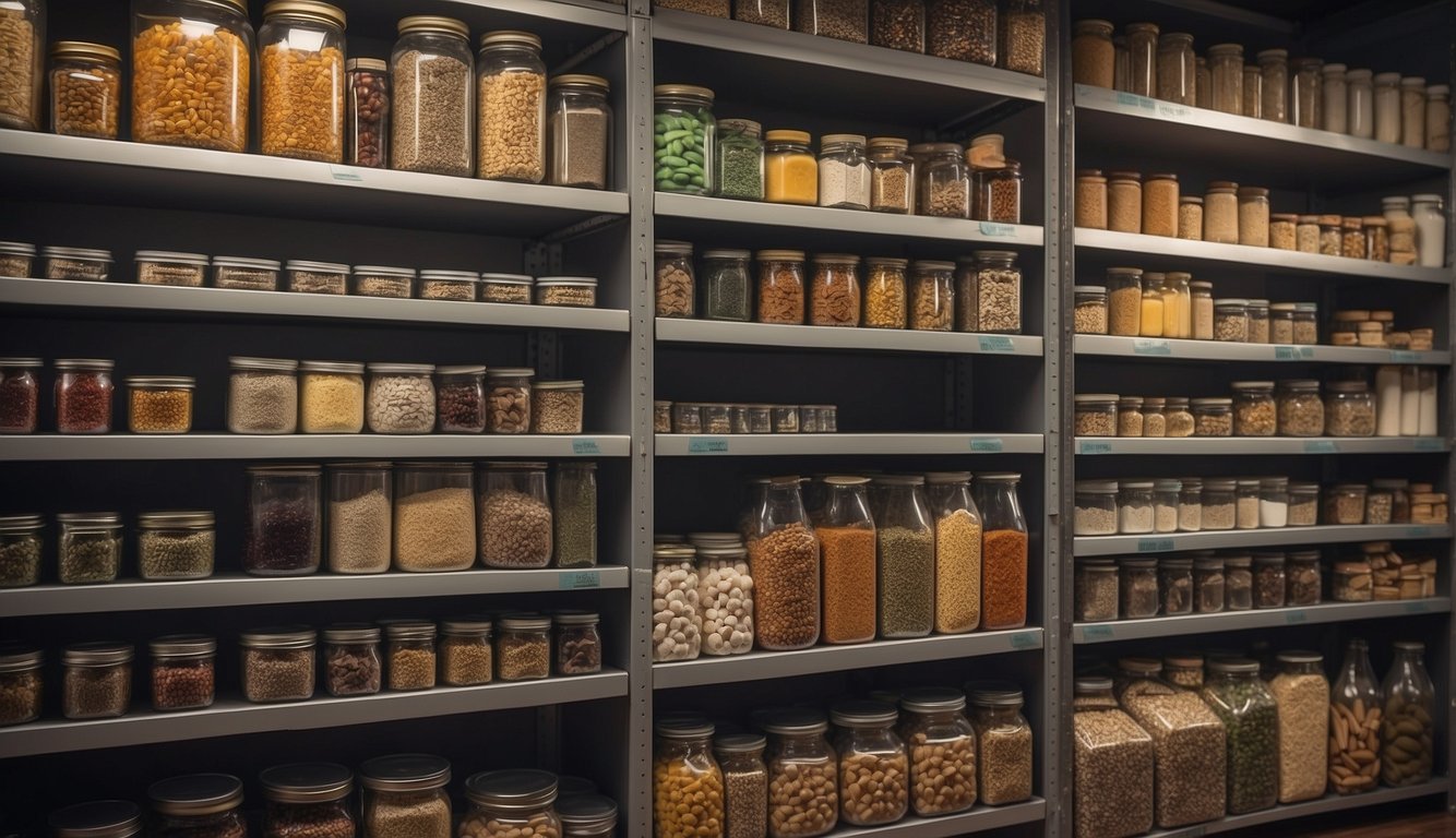 Shelves neatly organized with labeled containers of various sizes, baskets for snacks, and clear bins for easy visibility. A designated area for canned goods, a section for spices, and a hanging rack for kitchen tools