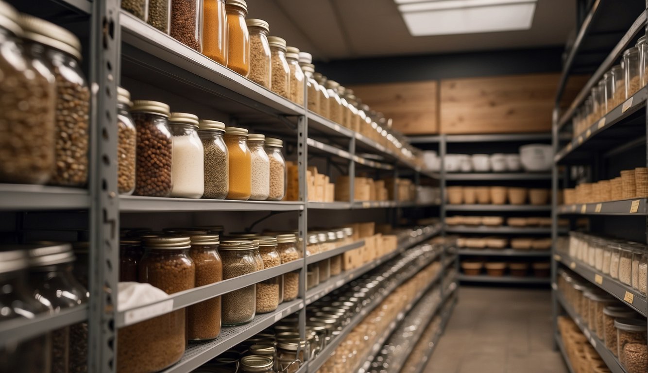 Shelves lined with neatly labeled containers, baskets, and bins. Clear jars of bulk goods. Spice racks and hanging organizers. A well-organized walk-in pantry for maximum efficiency
