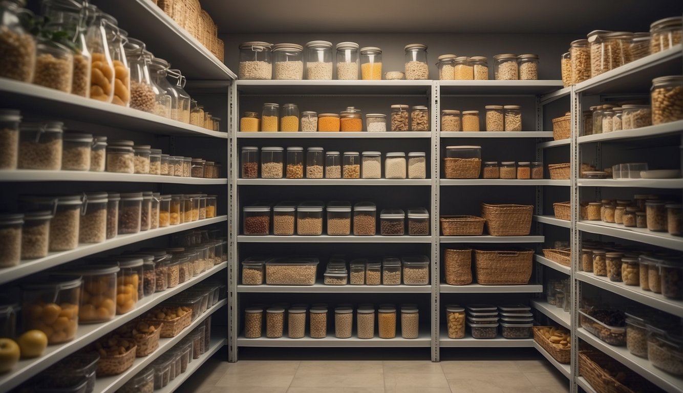 Pantry shelves neatly organized with labeled containers and baskets for easy access. A variety of food items are arranged in a systematic manner for maximum efficiency