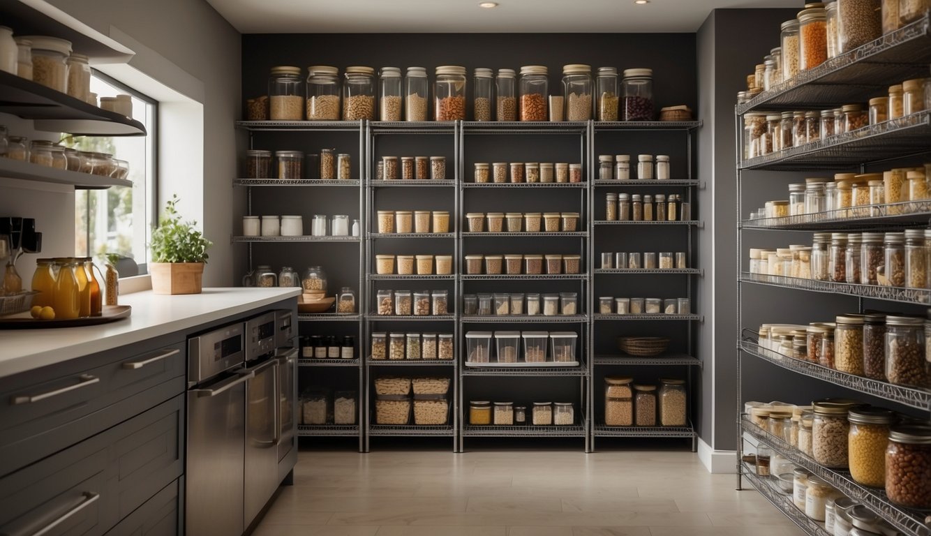 A walk-in pantry with labeled shelves, clear containers, and adjustable wire racks for optimal space utilization. A variety of dry goods, canned foods, and spices neatly arranged for easy access