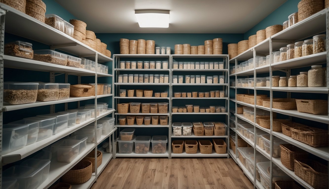 A walk-in pantry with shelves organized for efficiency, labeled containers, and clear storage bins. A designated area for bulk items and a separate section for frequently used items