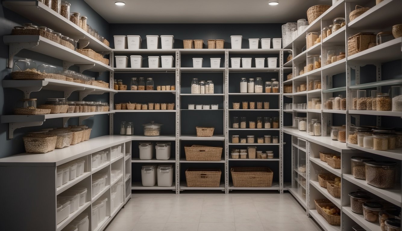 A well-organized walk-in pantry with labeled shelves, clear storage containers, and adjustable shelving for maximum efficiency