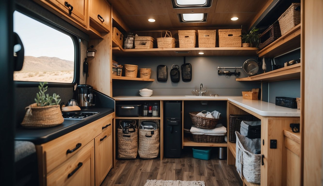 Various storage solutions in an RV: shelves, hooks, and bins neatly organized to maximize efficiency. Each area is optimized for easy access and functionality