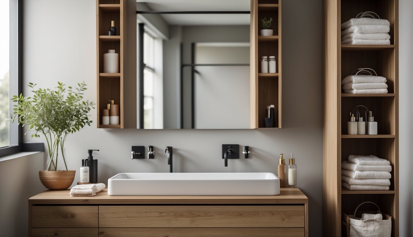 A well-organized bathroom with space-saving accessories and finishing touches. Shelves, hooks, and organizers maximize storage and functionality