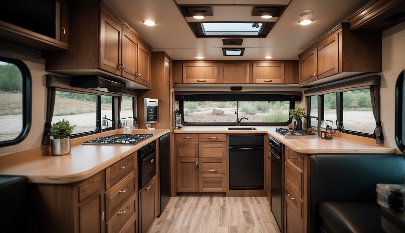 An RV interior with neatly organized storage compartments, labeled containers, and space-saving solutions for kitchen, bedroom, and living areas