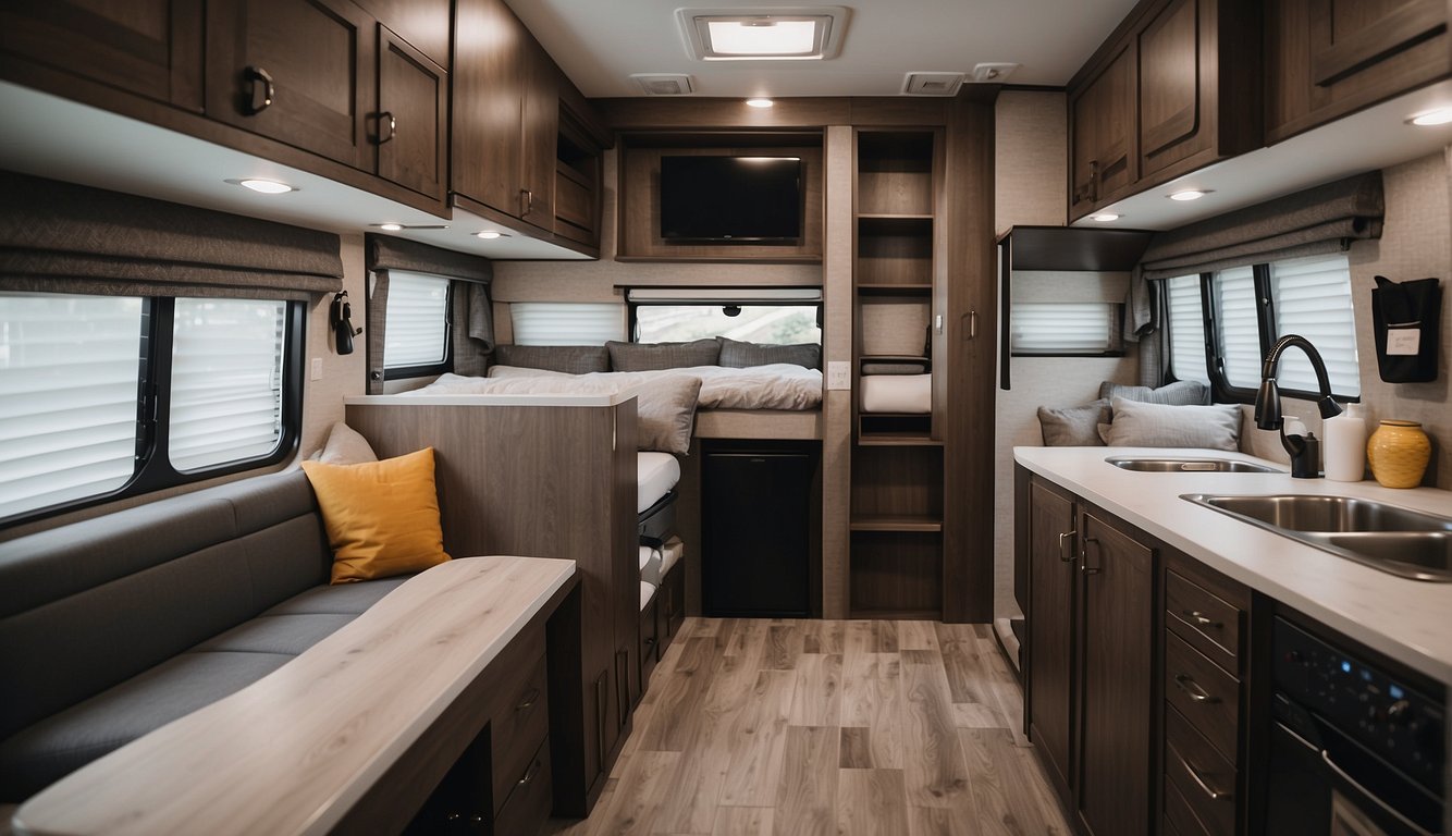 A neatly organized RV interior with labeled storage bins and folded linens. Clutter-free living and sleeping areas with efficient use of space