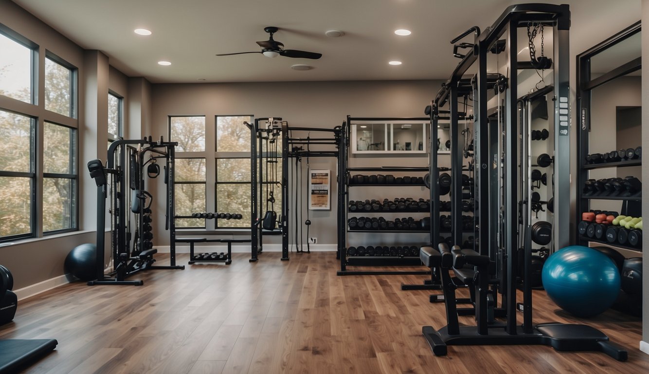 A neatly organized home gym with labeled storage bins, wall-mounted equipment racks, and a clear workout space