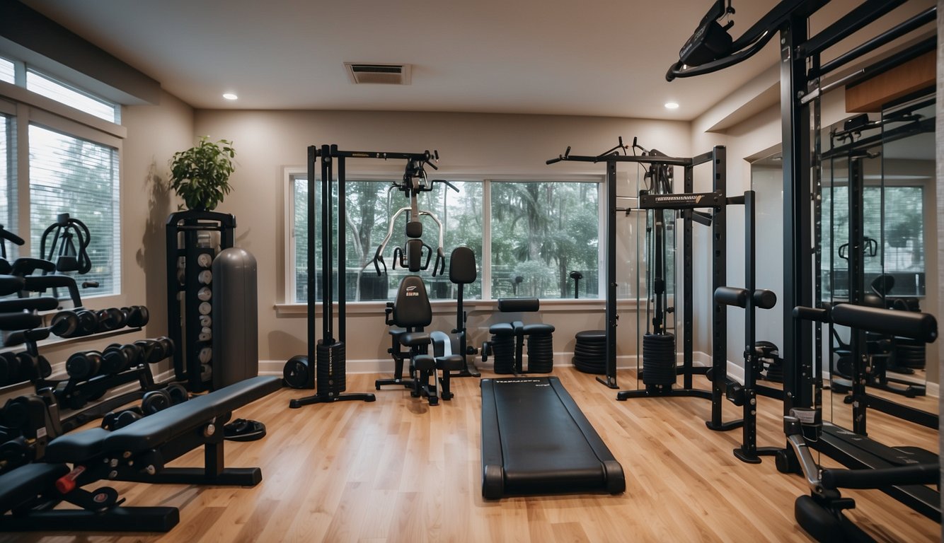 A well-organized home gym with labeled storage for equipment, clear pathways, and safety signage for maintenance